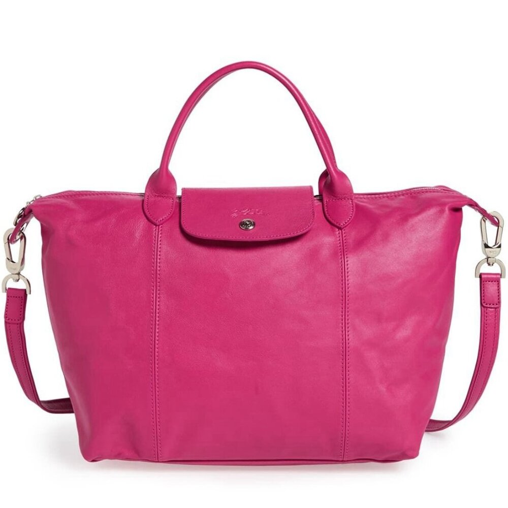 NWT LONGCHAMP Le Pliage Cuir Medium Leather Crossbody Bag Cyclamen Fuchsia PINK